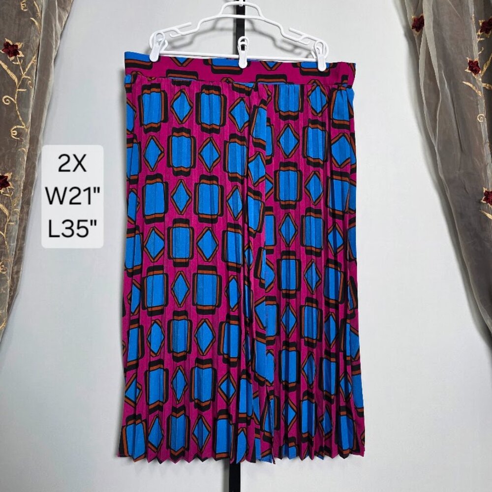 Abbott Elementary Skirt Women's 2X Pink Blue Geometric Pleated Midi Volume 1